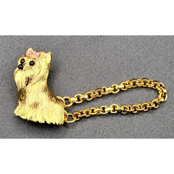 JOAN‎ RIVERS YORKIE DOG BROOCH PIN RHINESTONE SIGNED VINTAGE GOLD TONE